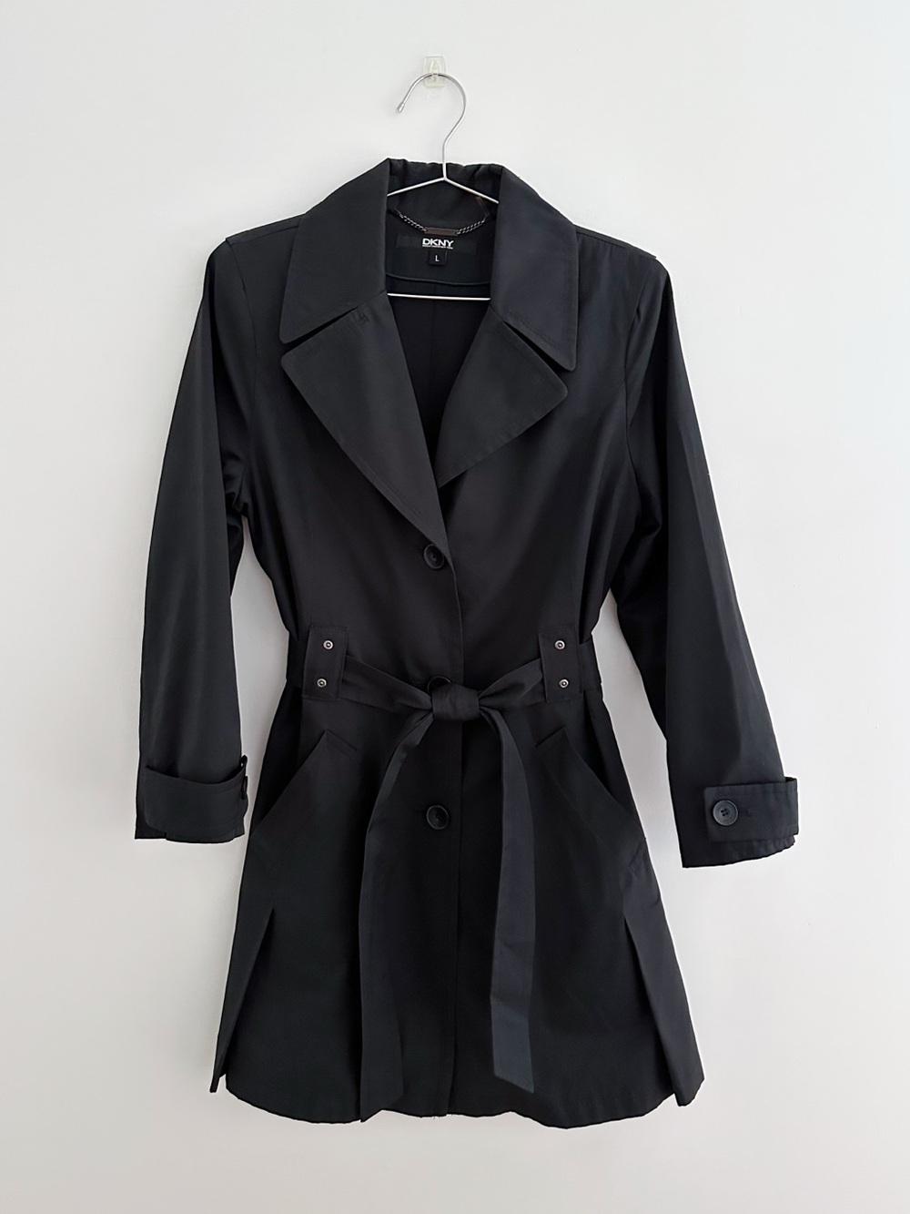 DKNY Black Belted Trench Coat Minimalist Raincoat French Girl Chic Size Large